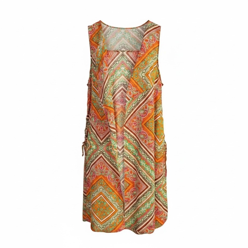 Psychedelic Boho Scarf Print Open Front Vest 14/16W Orange Multi 70s‎ Maximalist